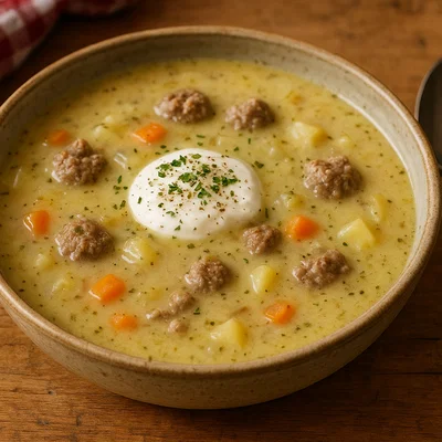 Kärntner Kirchtagssuppe mit Faschiertem und Sauerrahm