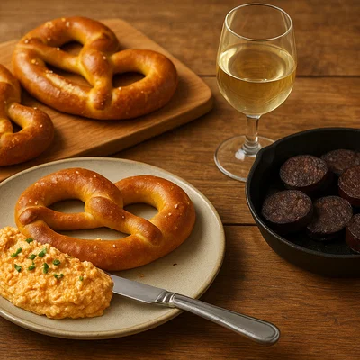 Heuriger-Jause mit Liptauer, Brezen, Blunzn und jungem Wein