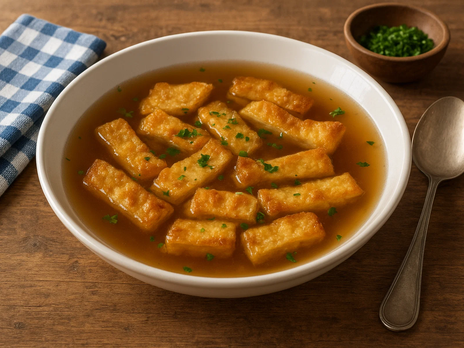 Schöberlsuppe – österreichische Eiersuppe mit Backteigstreifen