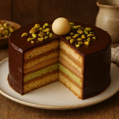 Klassische Mozarttorte mit Pistazien-, Nougat- und Marzipancreme