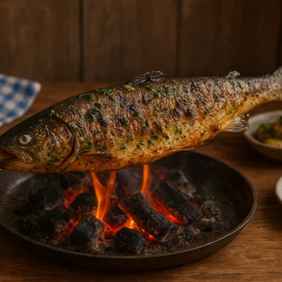 Steckerlfisch – Forelle am Holzspieß über offenem Feuer