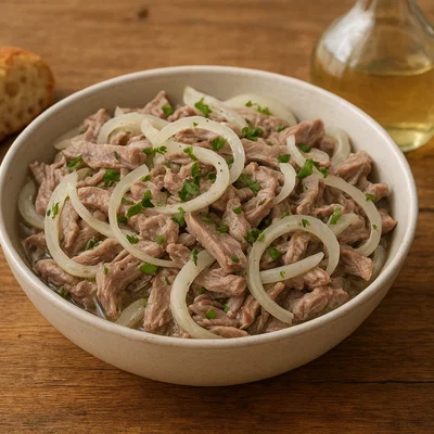Klassischer Rindfleischsalat mit Zwiebeln und Essig