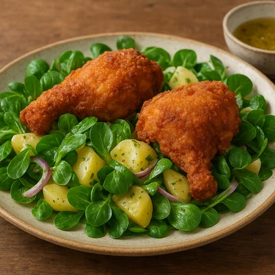 Lauwarm-knuspriger Backhendlsalat mit Vogerlsalat und Essig-Öl-Dressing