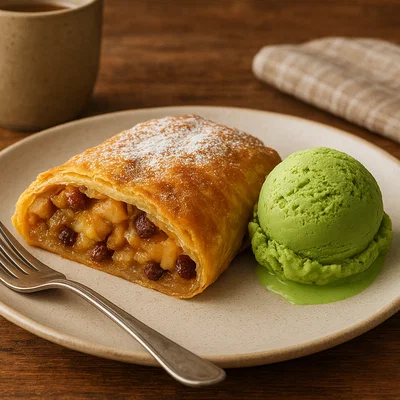 Apfelstrudel mit Matcha-Eis