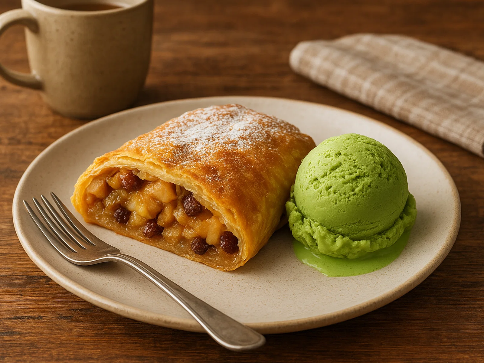 Apfelstrudel mit Matcha-Eis