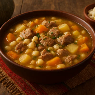 Mote Pata – Cuencaner Suppe aus Hominy und Schweinefleisch