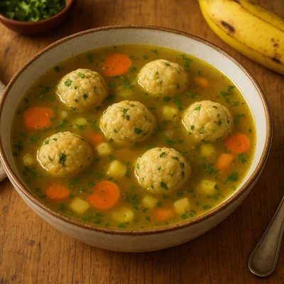 Sopa de bolas de plátano – herzhafte Bananenklößchen-Suppe