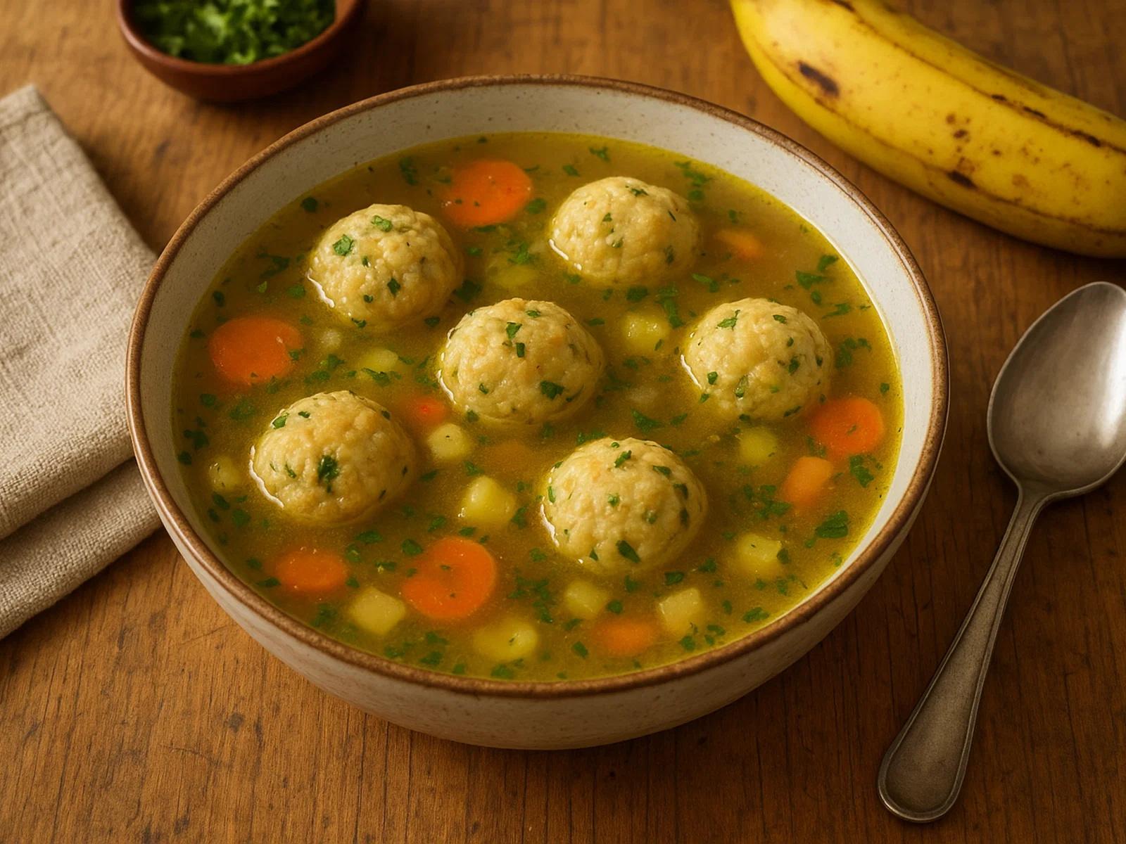 Sopa de bolas de plátano – herzhafte Bananenklößchen-Suppe