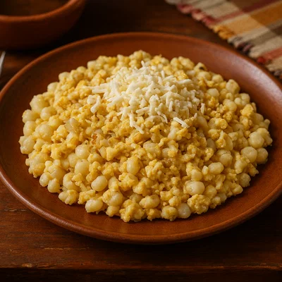 Mote Pillo – Ecuadorianischer Hominy mit Rührei und Käse