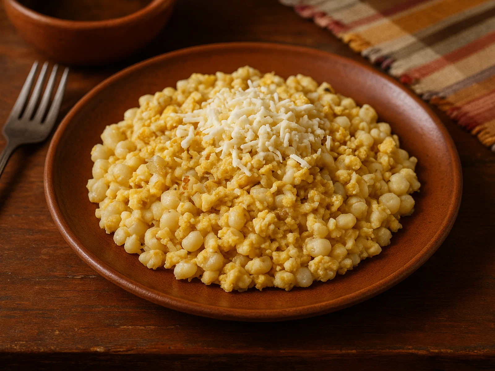 Mote Pillo – Ecuadorianischer Hominy mit Rührei und Käse