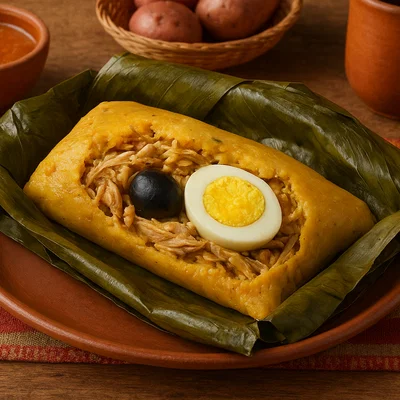 Peruanischer Tamal de Gallina im Bananenblatt