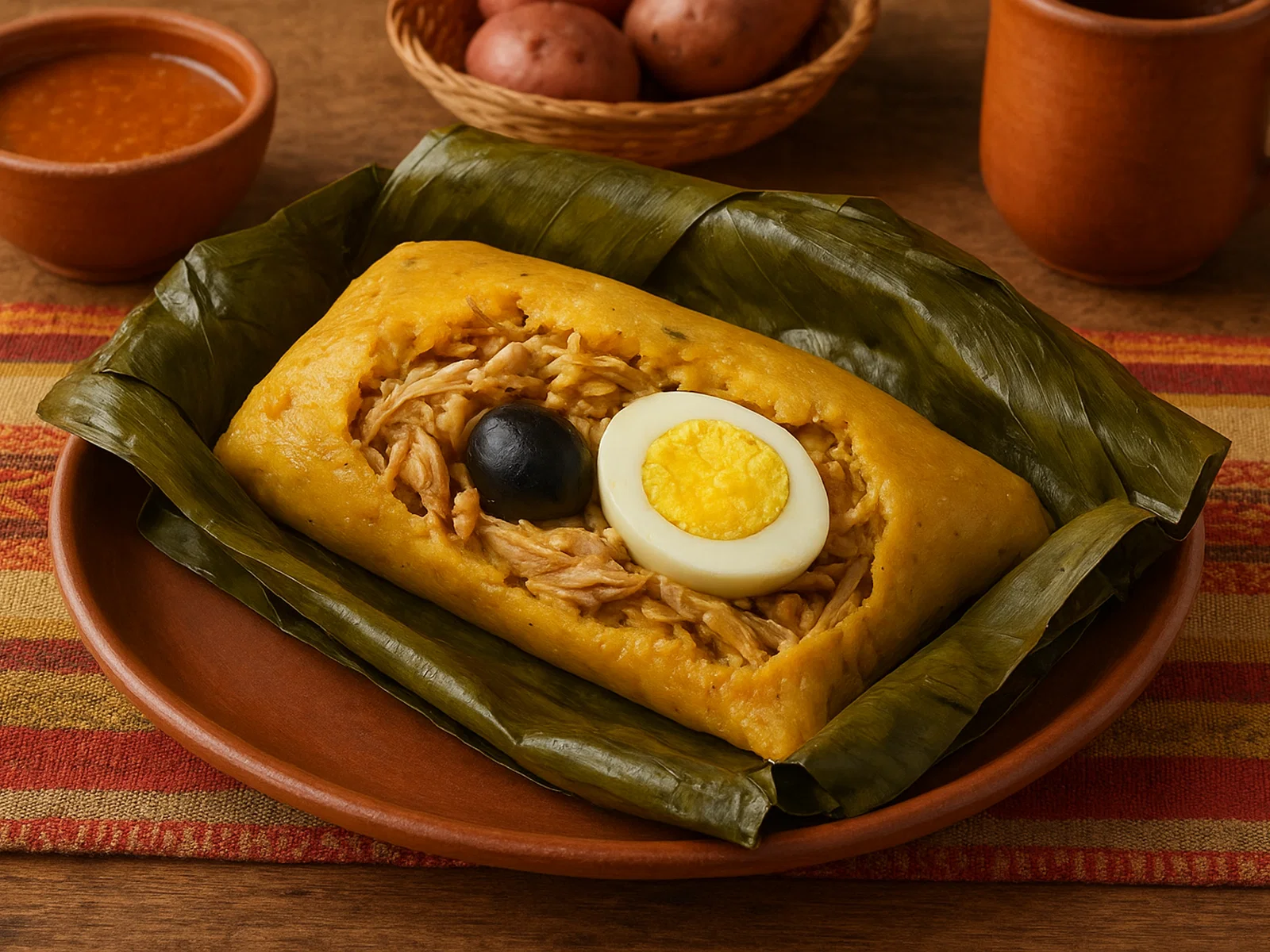 Peruanischer Tamal de Gallina im Bananenblatt