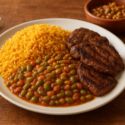 Arroz con Menestra y Carne Asada (ecuadorianisches Reisgericht)