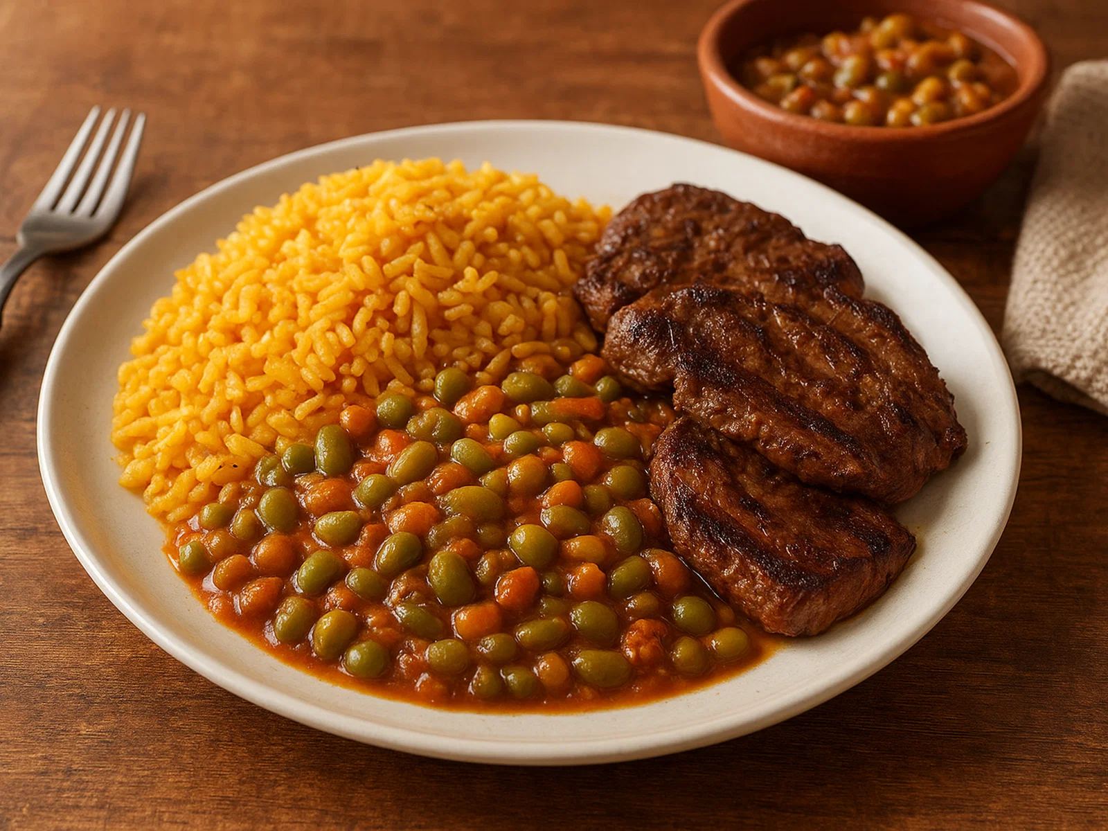 Arroz con Menestra y Carne Asada (ecuadorianisches Reisgericht)