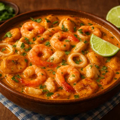 Cazuela de mariscos – Kochbananen-Erdnuss-Auflauf mit Meeresfrüchten