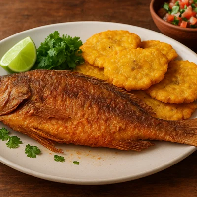 Pescado frito con Patacones (Gebratener Fisch mit Kochbananen)