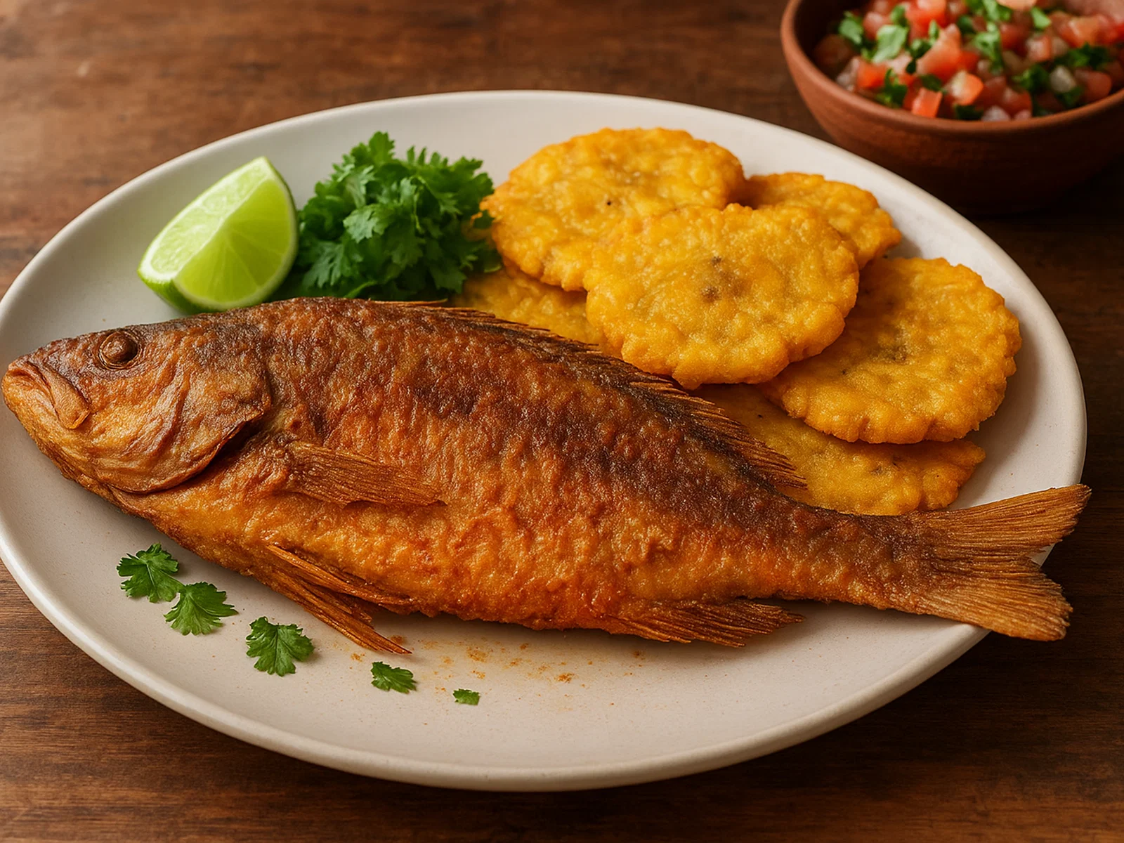 Pescado frito con Patacones (Gebratener Fisch mit Kochbananen)