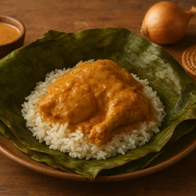 Tonga Manabita – Reis mit Huhn und Erdnusssauce im Bananenblatt