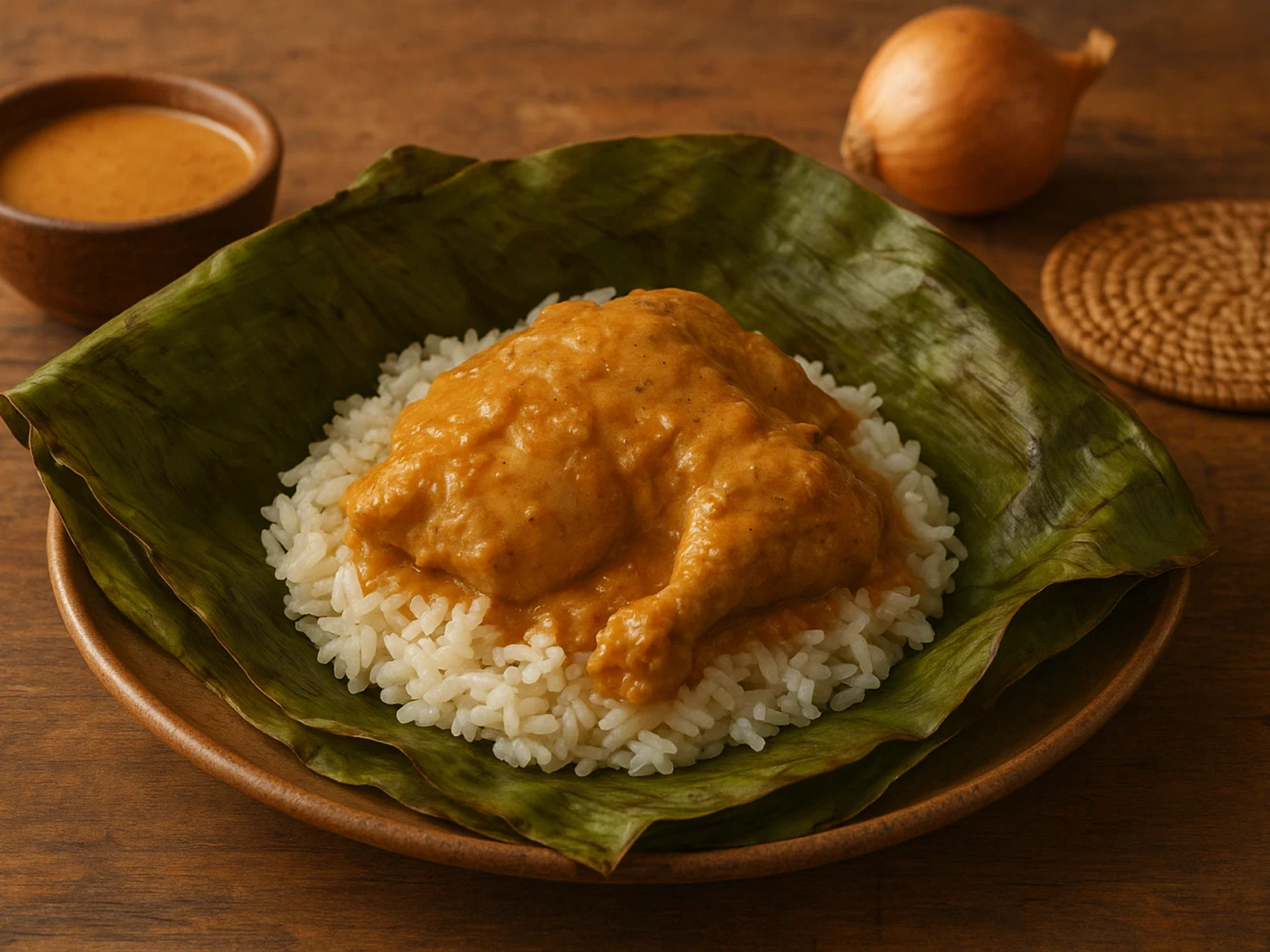 Tonga Manabita – Reis mit Huhn und Erdnusssauce im Bananenblatt