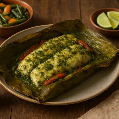 Im Blatt gedämpfter Fisch (Pescado al vapor en hoja)