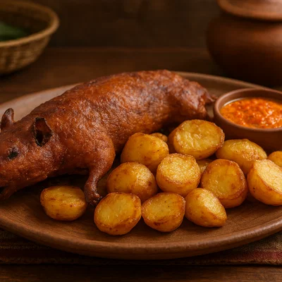Cuy con Papas – Gebratenes Meerschweinchen mit Kartoffeln