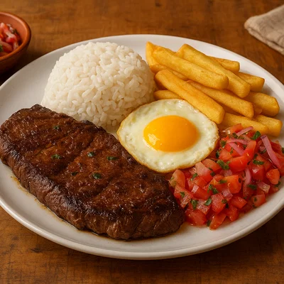 Churrasco ecuatoriano – Steak mit Reis, Spiegelei und Pommes