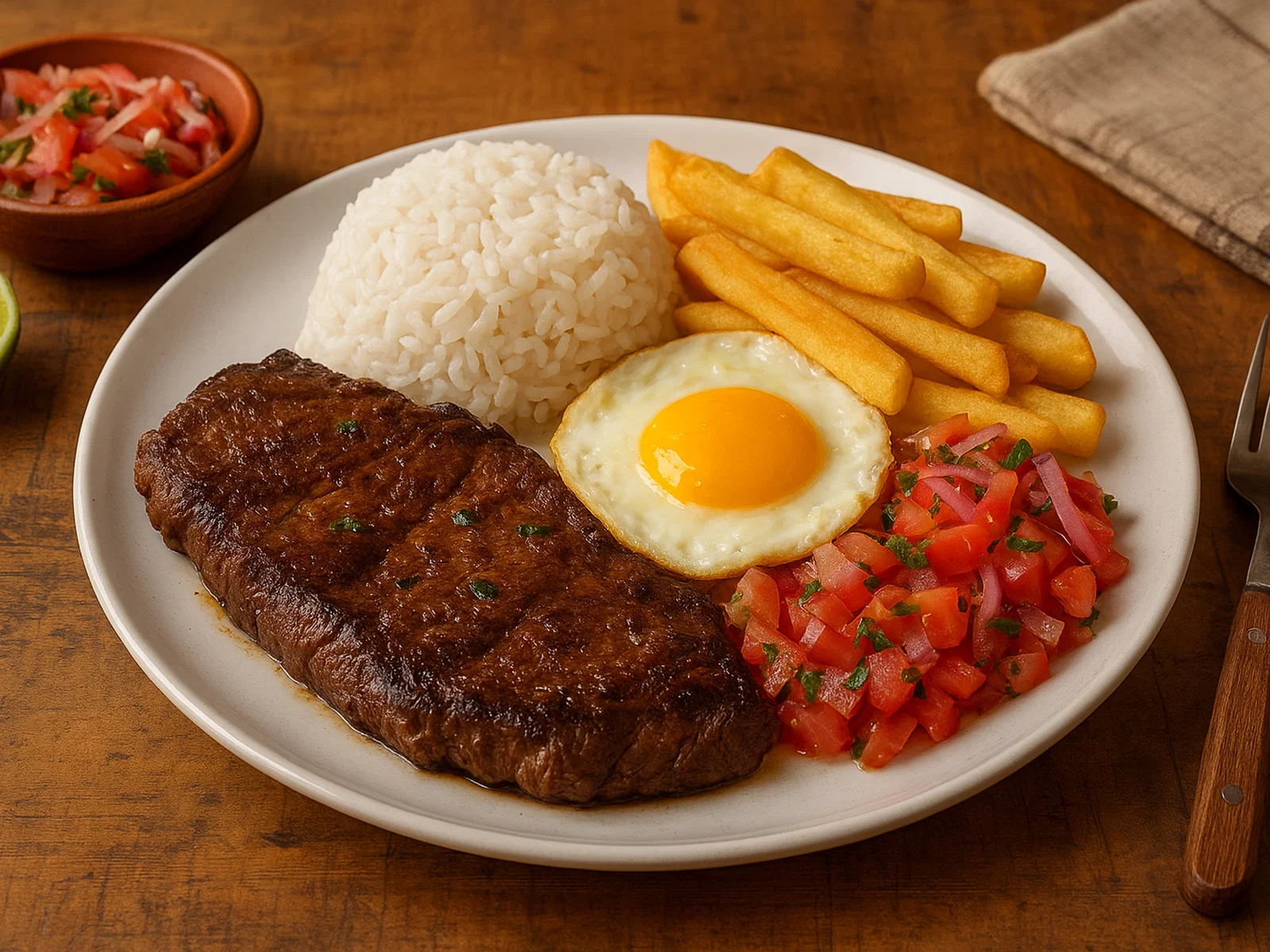 Churrasco ecuatoriano – Steak mit Reis, Spiegelei und Pommes