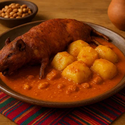 Cuy con papas y maní (Meerschweinchen mit Kartoffel-Erdnusssoße)