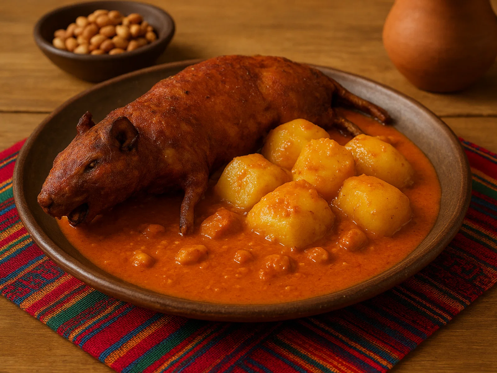 Cuy con papas y maní (Meerschweinchen mit Kartoffel-Erdnusssoße)