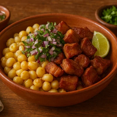 Mote con Chicharrón (Hominy mit knusprigem Schweinebauch)