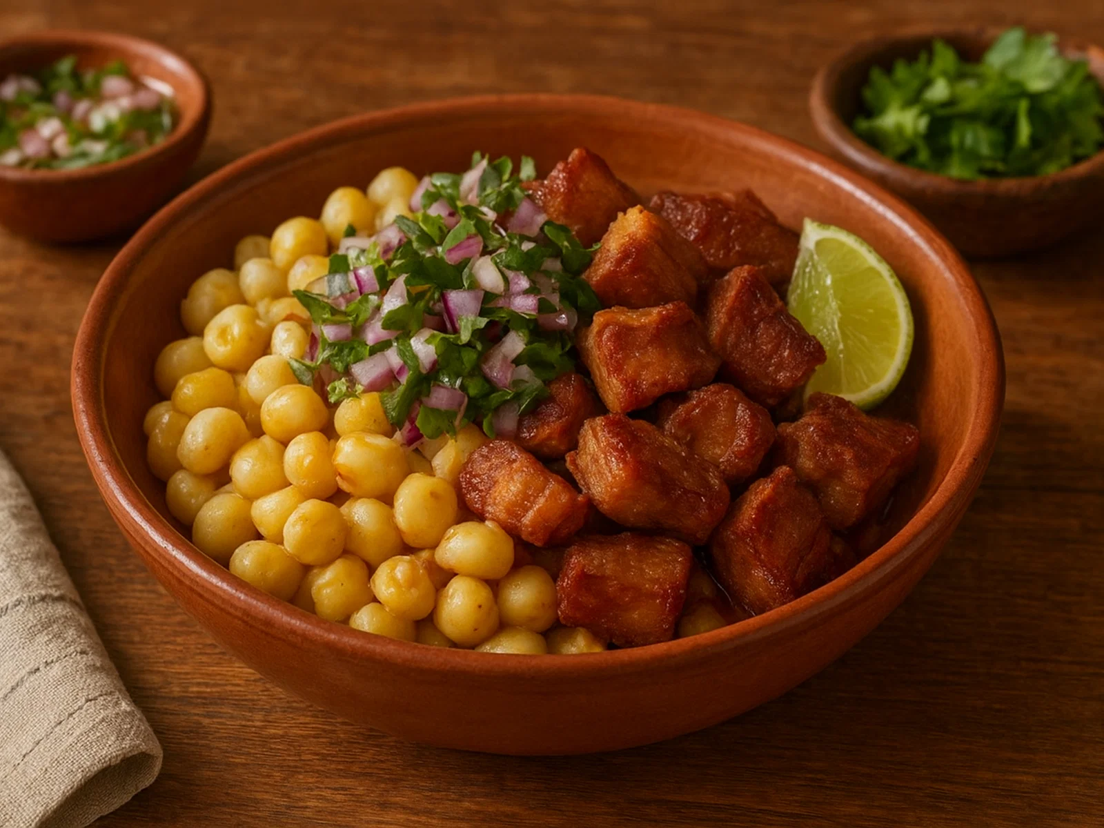 Mote con Chicharrón (Hominy mit knusprigem Schweinebauch)