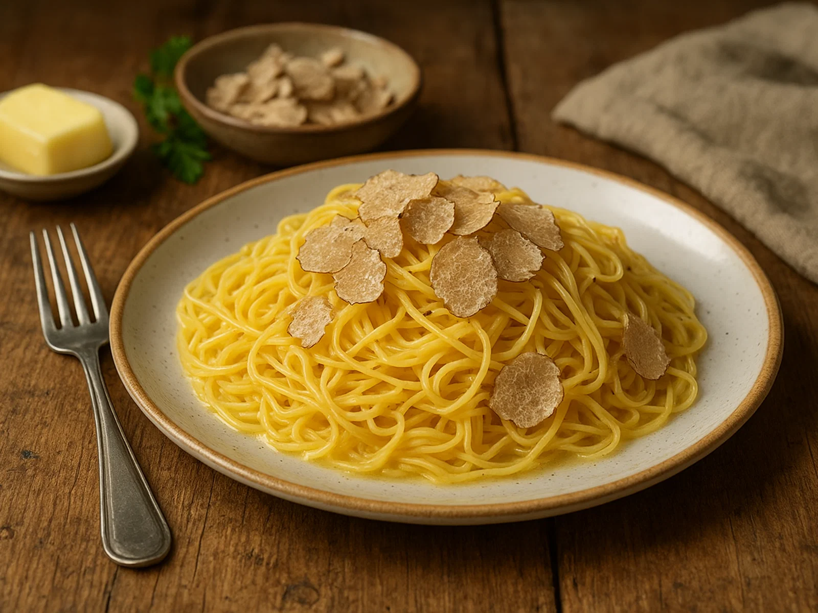 Tajarin al tartufo (Feine piemontesische Eiernudeln mit weißem Trüffel)