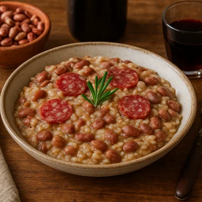 Panissa – Risotto mit Borlotti-Bohnen, Salami und Rotwein