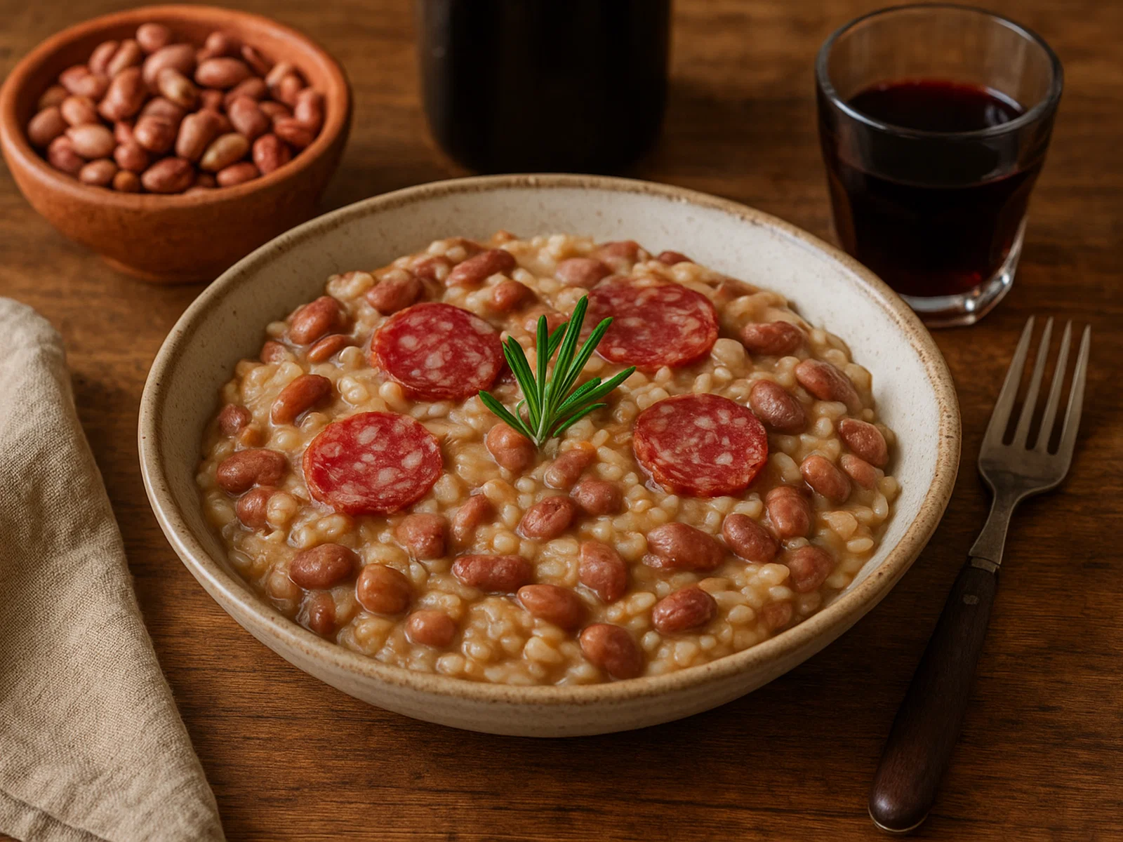 Panissa – Risotto mit Borlotti-Bohnen, Salami und Rotwein