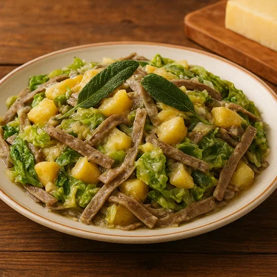 Pizzoccheri della Valtellina (Buchweizennudeln mit Wirsing, Kartoffeln und Bergkäse)