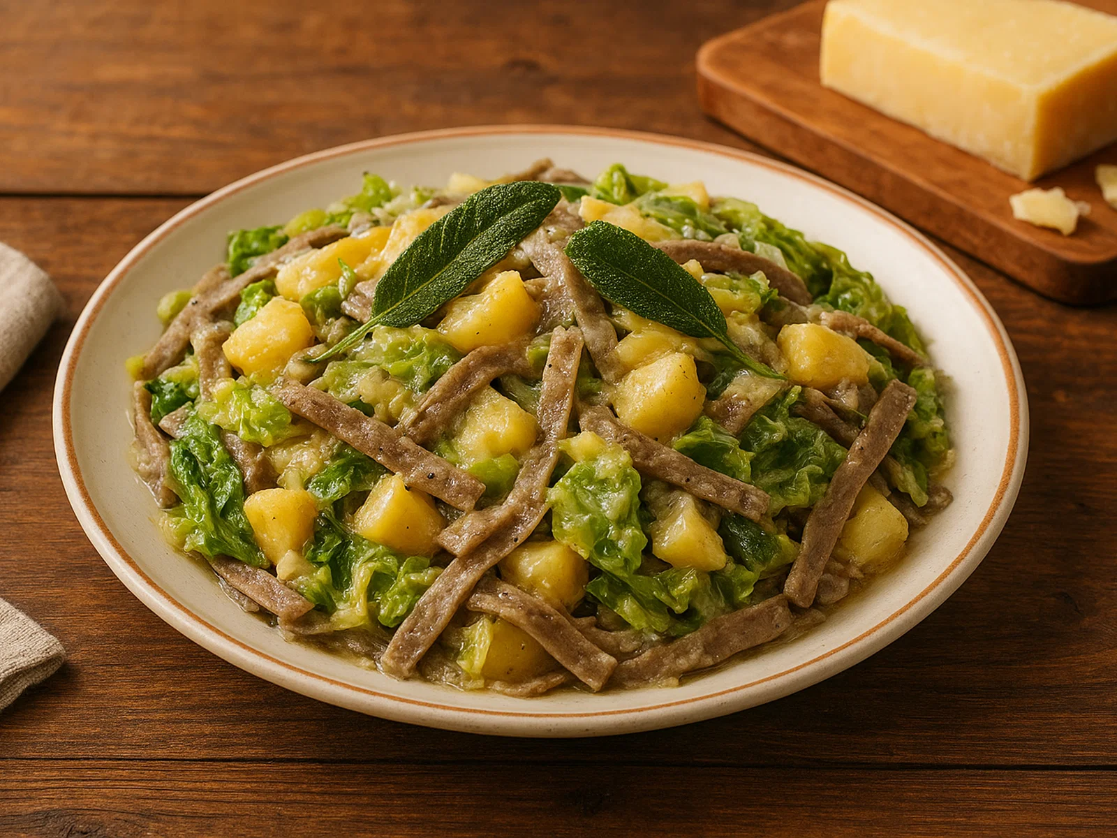 Pizzoccheri della Valtellina (Buchweizennudeln mit Wirsing, Kartoffeln und Bergkäse)