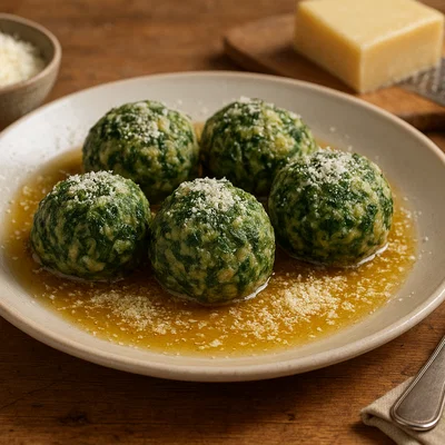 Canederli agli spinaci – Südtiroler Spinatknödel mit Butter und Parmesan