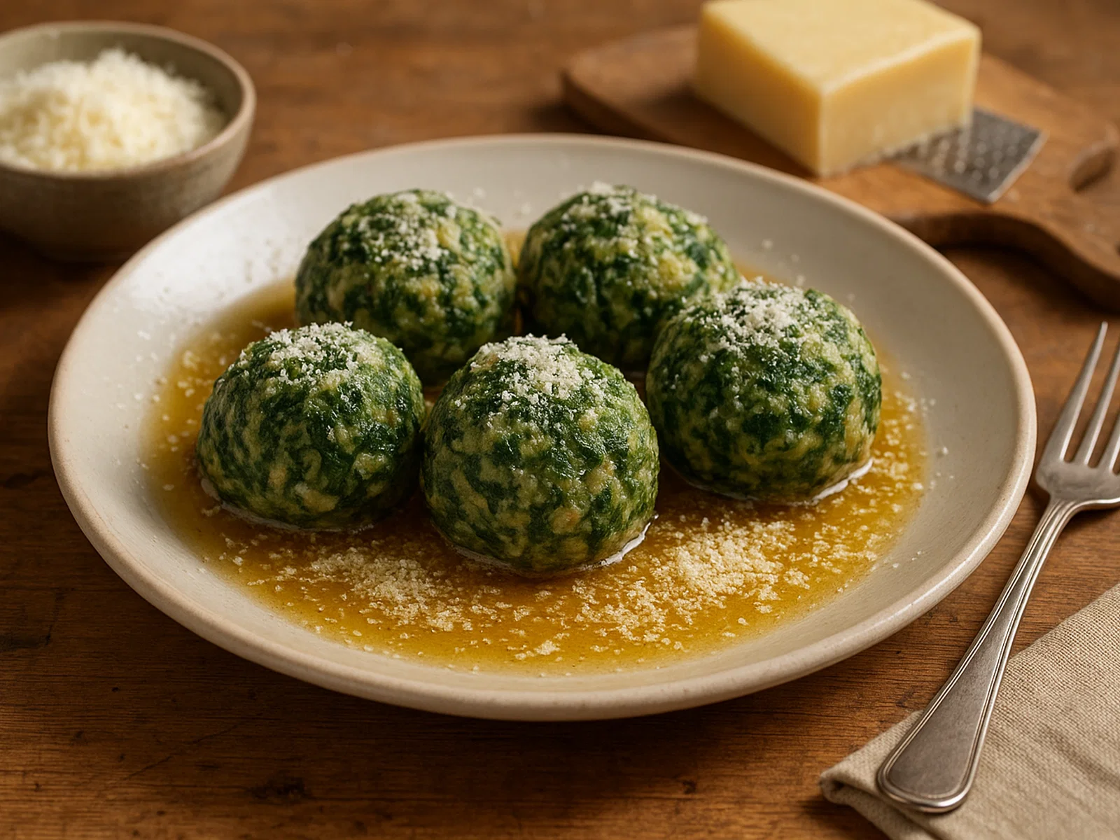 Canederli agli spinaci – Südtiroler Spinatknödel mit Butter und Parmesan