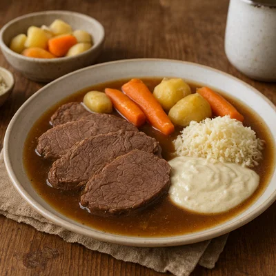 Klassisches Bollito mit frischem Kren (gekochtes Rindfleisch mit Meerrettichsauce)