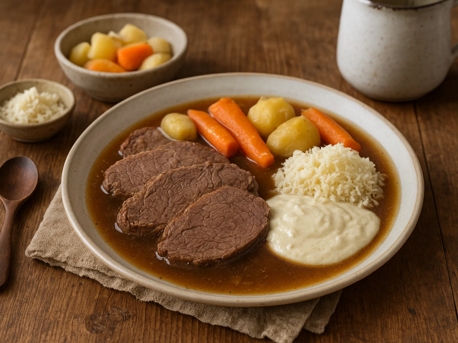Klassisches Bollito mit frischem Kren (gekochtes Rindfleisch mit Meerrettichsauce)