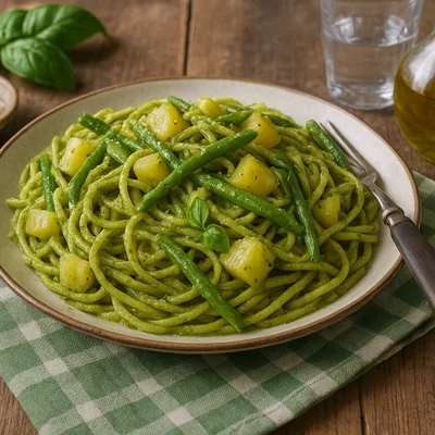 Trenette al pesto mit Kartoffeln und grünen Bohnen