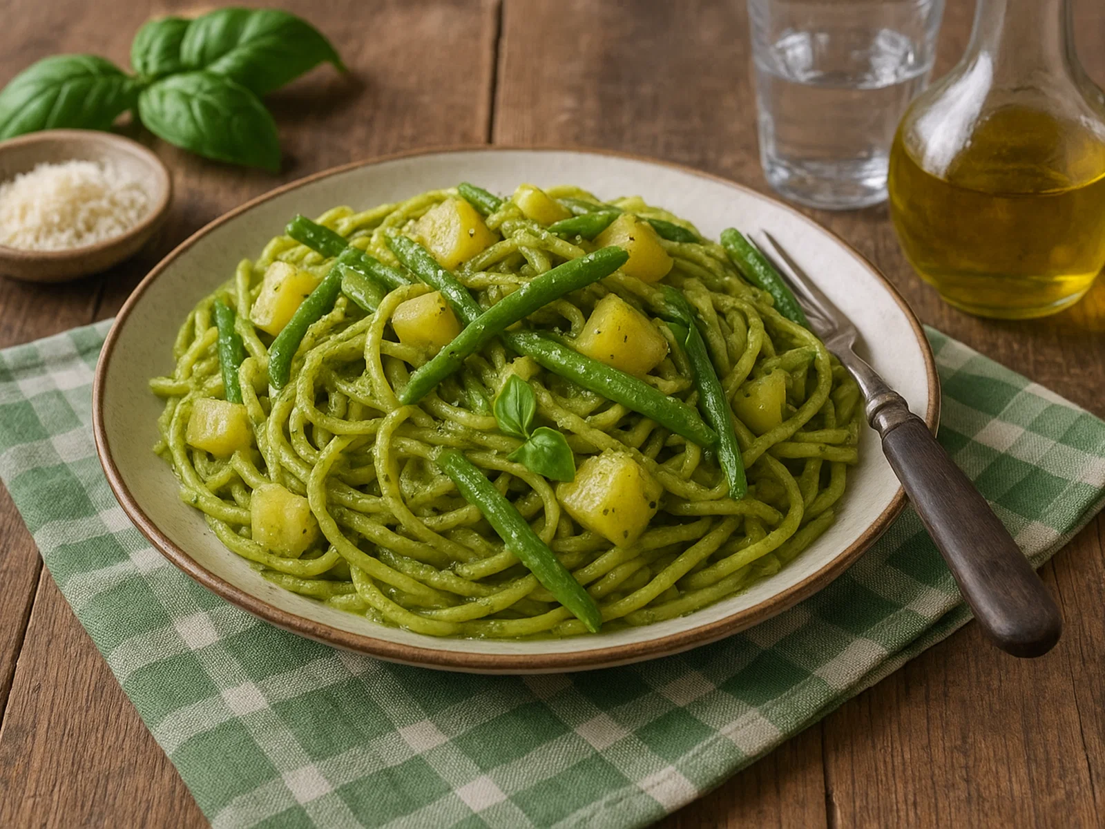 Trenette al pesto mit Kartoffeln und grünen Bohnen