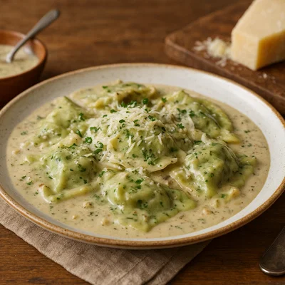 Pansoti mit Kräuterfüllung in Walnusssauce
