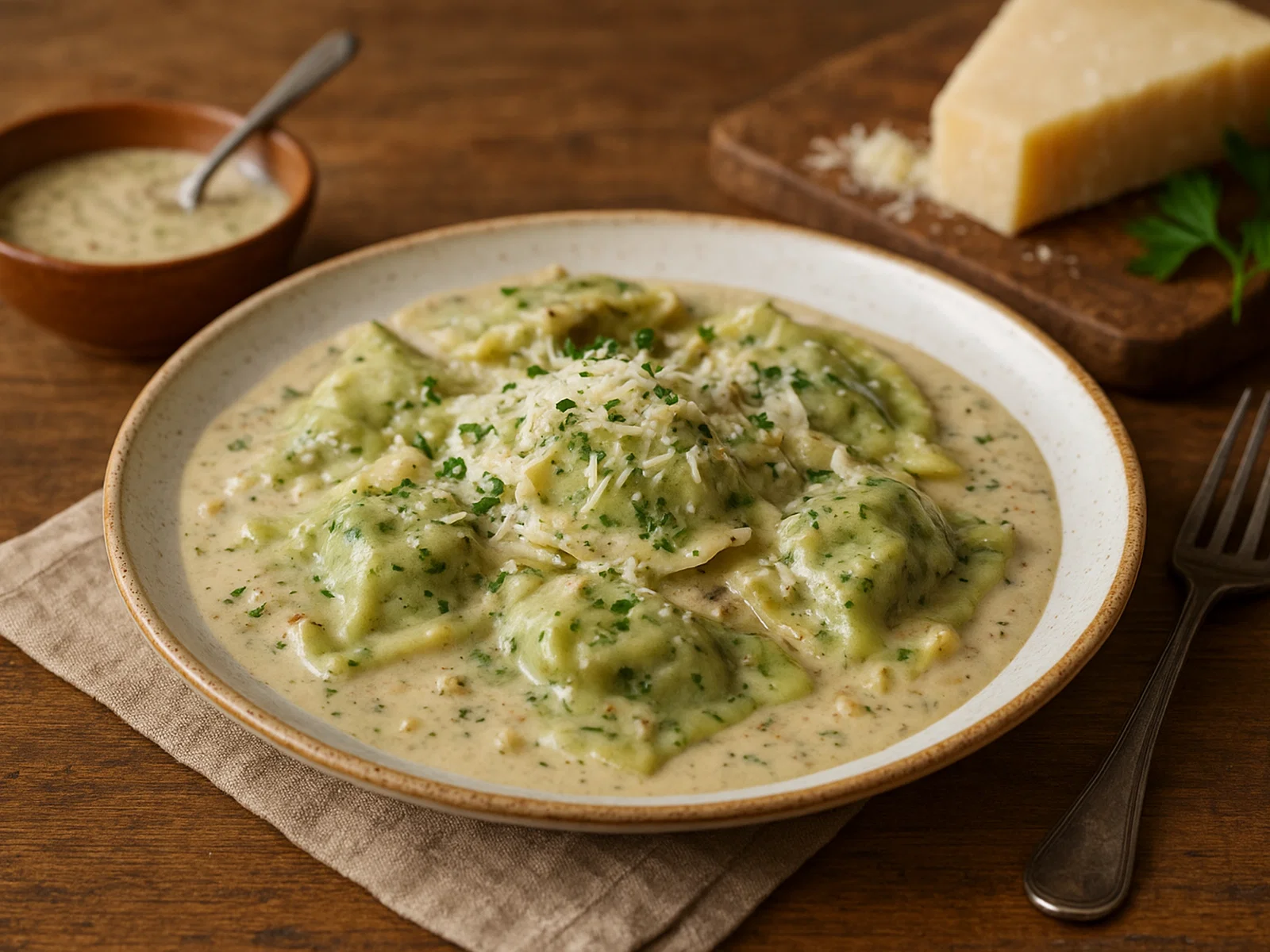 Pansoti mit Kräuterfüllung in Walnusssauce