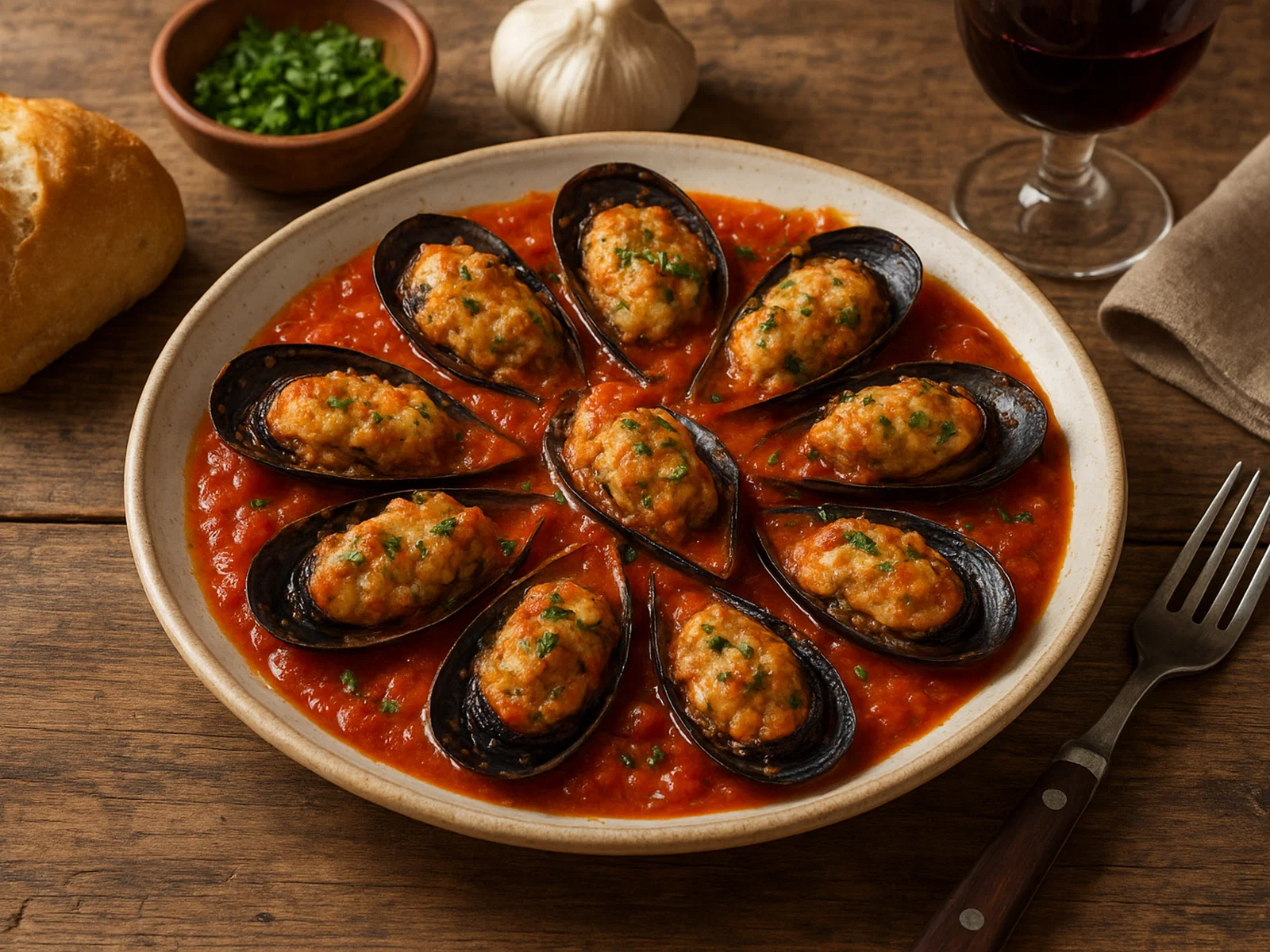 Muscoli ripieni – gefüllte Miesmuscheln in Tomatensauce