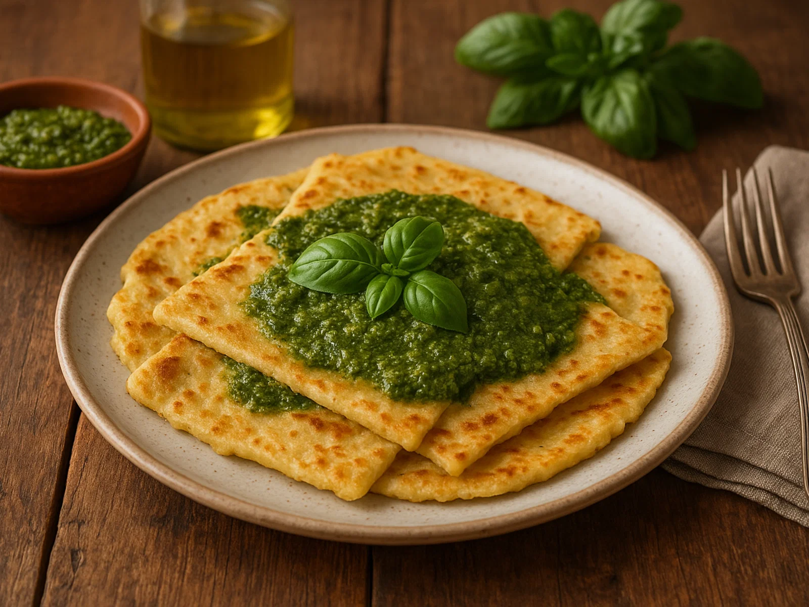 Testaroli con Pesto (antike Fladen-Pasta)