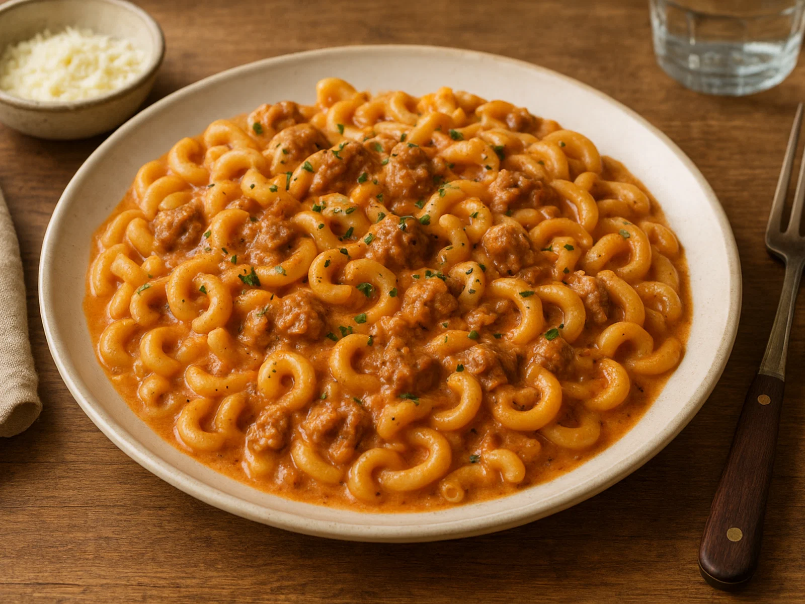 Gramigna con Salsiccia – geringelte Pasta mit Wurst-Sahne-Sauce