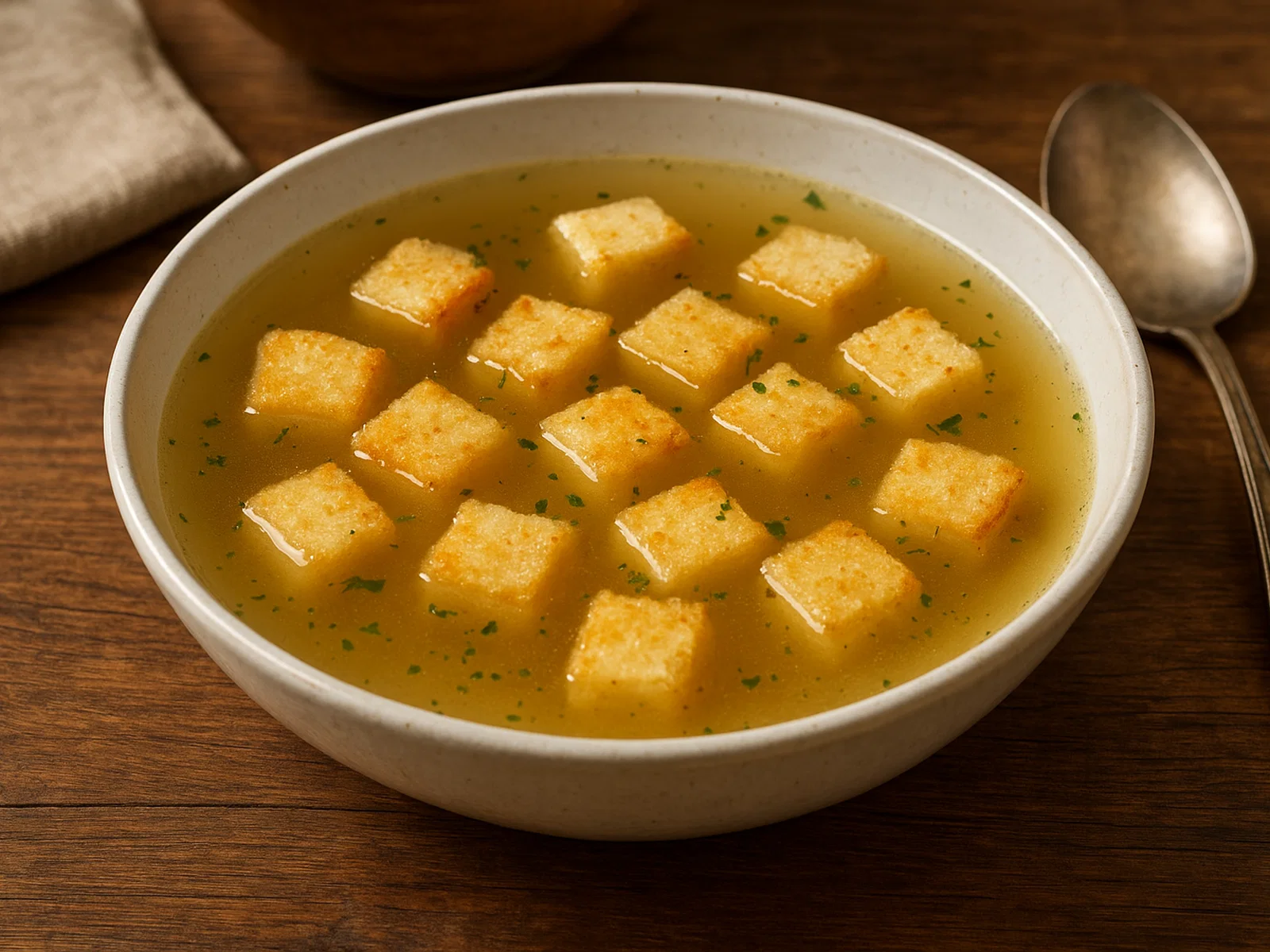 Zuppa Imperiale – Brühe mit Grieß-Parmesan-Würfeln