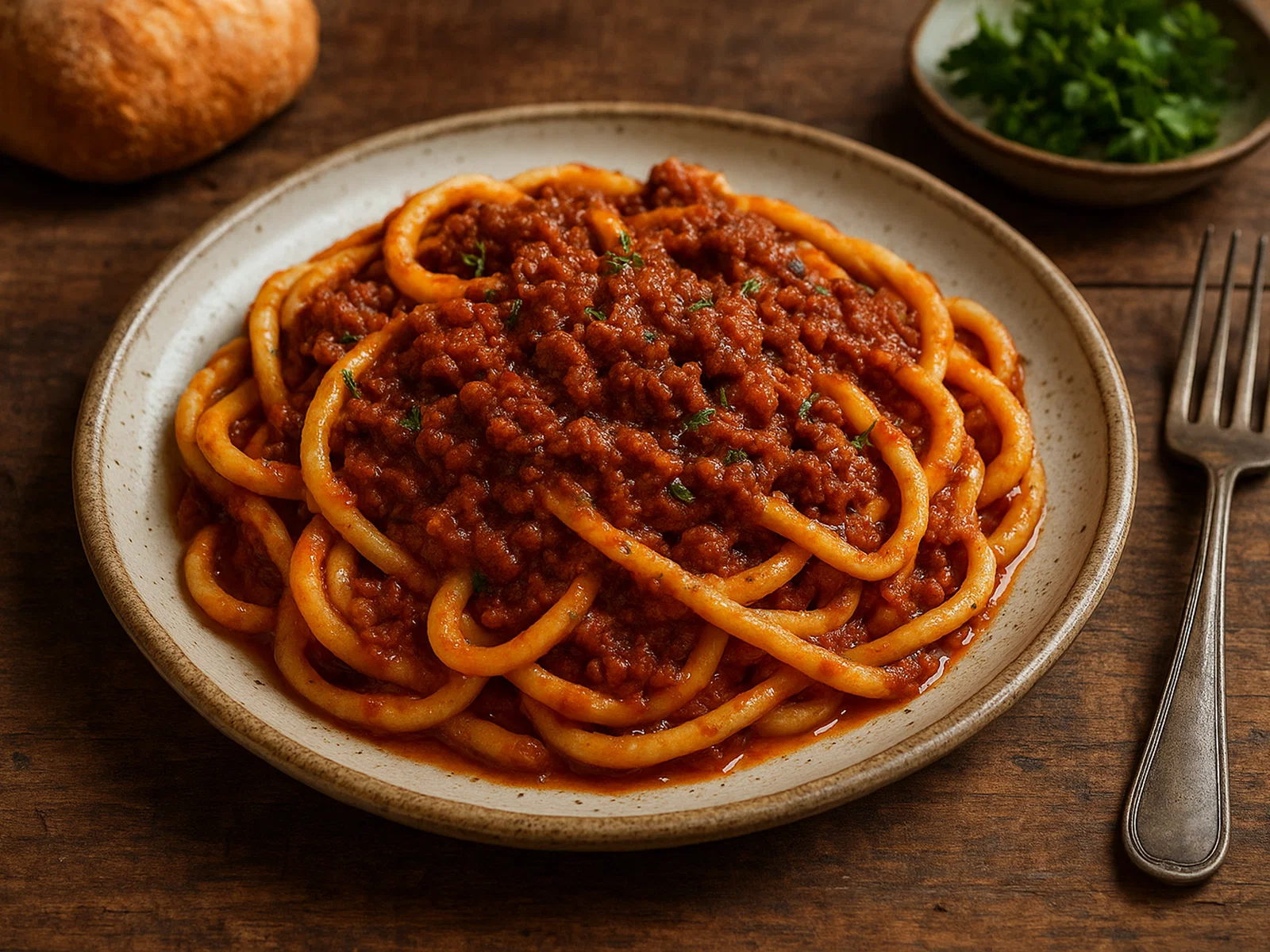 Pici al ragù (handgerollte toskanische Nudeln mit Fleischragout)