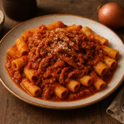 Rigatoni con la Pajata (Rigatoni mit Kalbsdarm in Tomatensauce)
